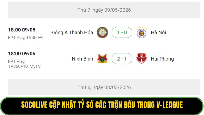 Socolive cập nhật tỷ số các trận đấu trong V-League